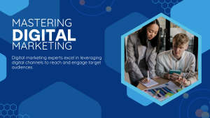 An illustration of a diverse group of people collaborating on laptops and digital devices, with graphs and charts in the background symbolizing digital marketing strategies in action."